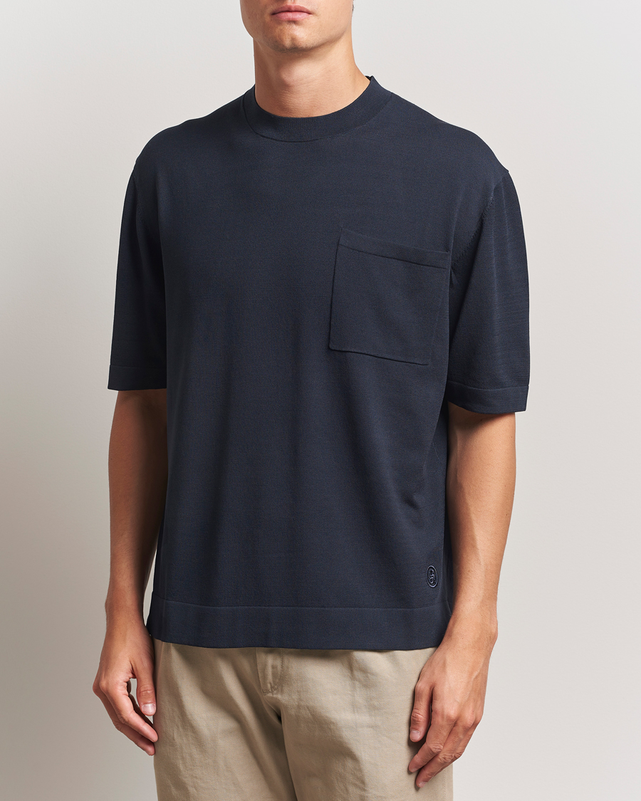 Herren | T-Shirts | BOSS BLACK | Jervaiso Cotton/Silk Knitted T-Shirt Dark Blue