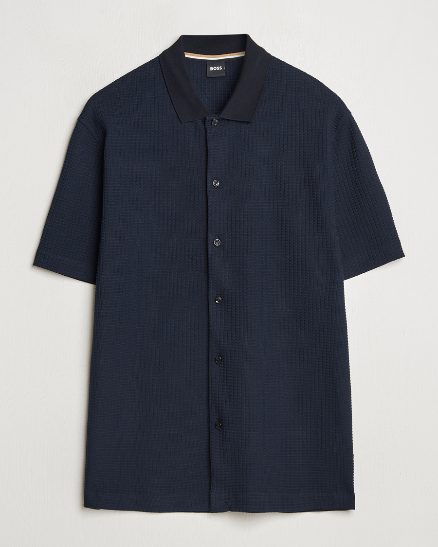 Herren | Hemden | BOSS BLACK | Palladio Knitted Short Sleeve Shirt Dark Blue