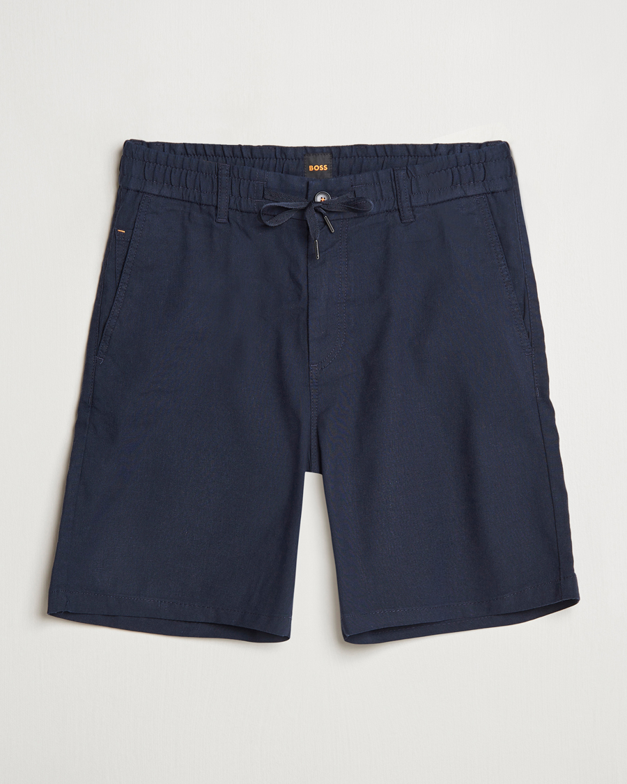 Herren | Shorts | BOSS ORANGE | Tapered Linen Chino Drawstring Shorts Dark Blue