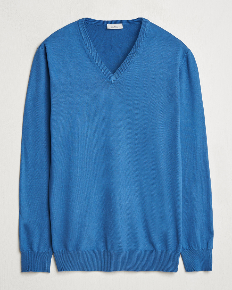 Herren | Pullover | Morgano | Supersoft Egyptian Cotton V-Neck Mid Blue