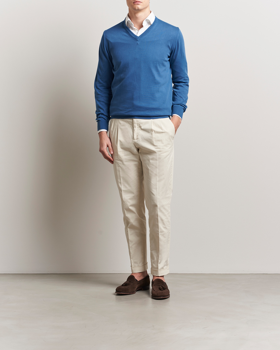Herren | Pullover | Morgano | Supersoft Egyptian Cotton V-Neck Mid Blue
