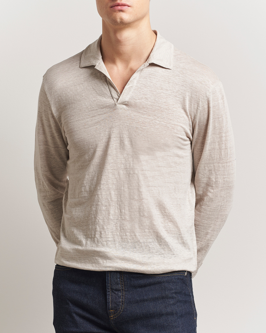 Herren | Poloshirts | Gran Sasso | Washed Linen Long Sleeve Polo Beige Melange