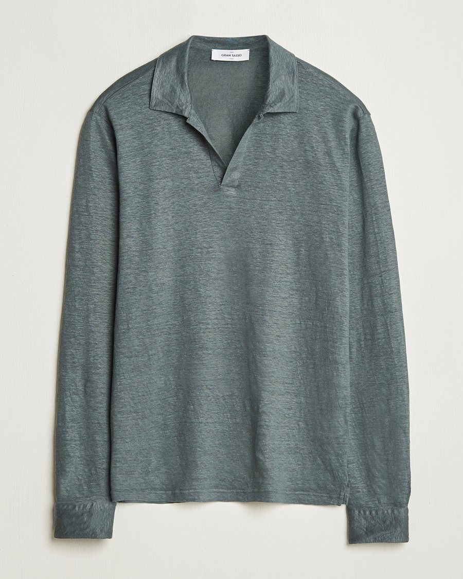 Herren | Pullover | Gran Sasso | Washed Linen Long Sleeve Polo Green Melange