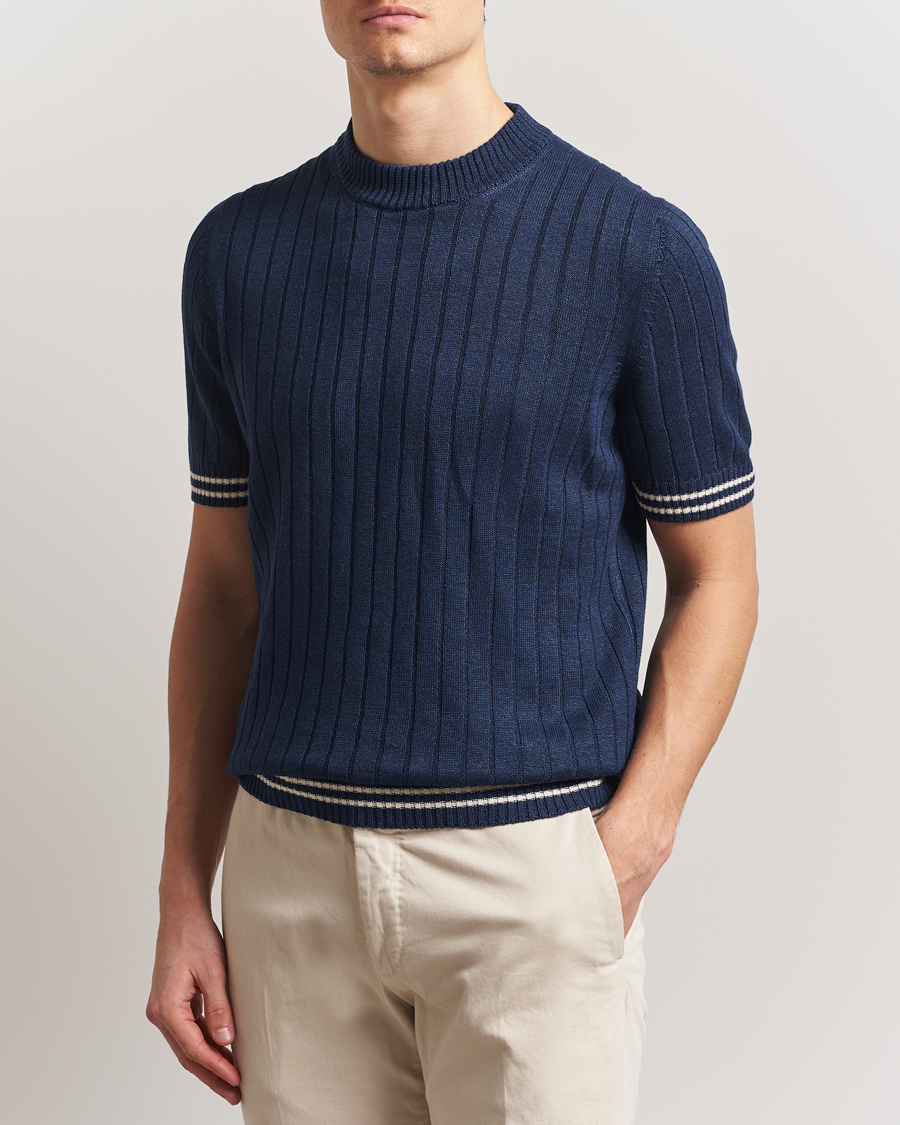 Herren | T-Shirts | Gran Sasso | Linen/Cotton Structured T-Shirt Navy