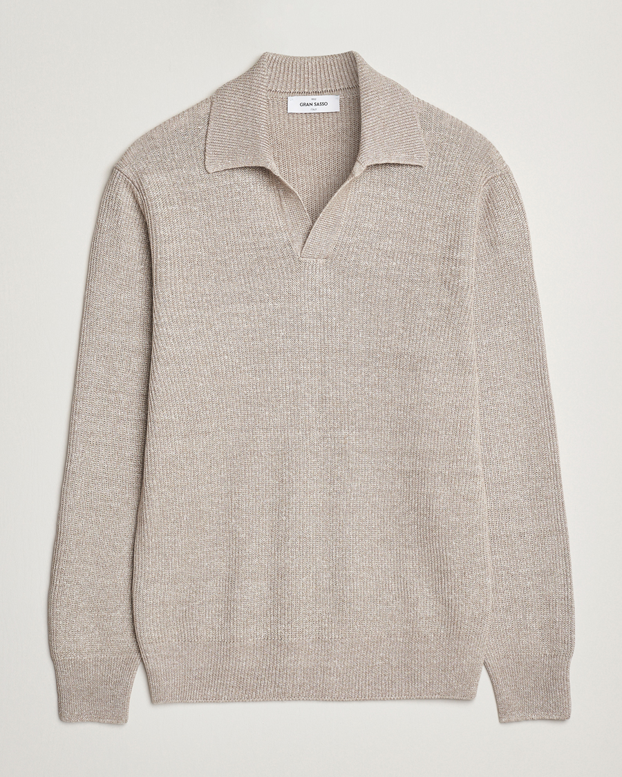 Herren | Pullover | Gran Sasso | Linen/Cotton Open Collar Knitted Polo Beige Melange