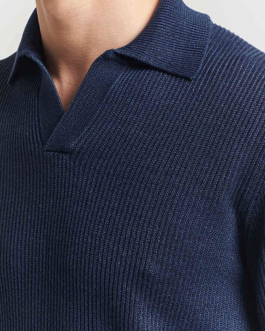 Herren | Pullover | Gran Sasso | Linen/Cotton Open Collar Knitted Polo Navy Melange