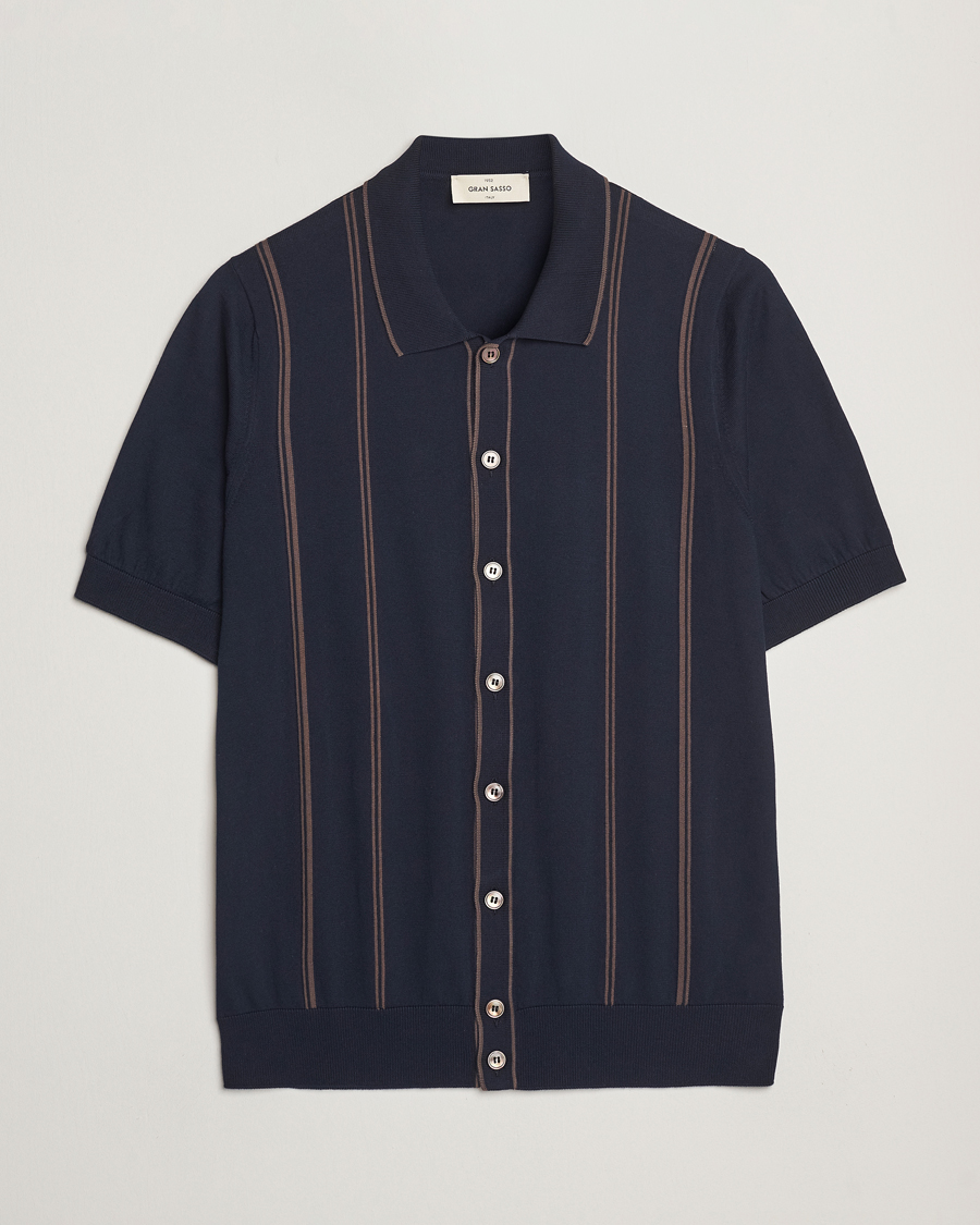 Herren | Hemden | Gran Sasso | Cotton Knitted Striped Short Sleeve Shirt Navy