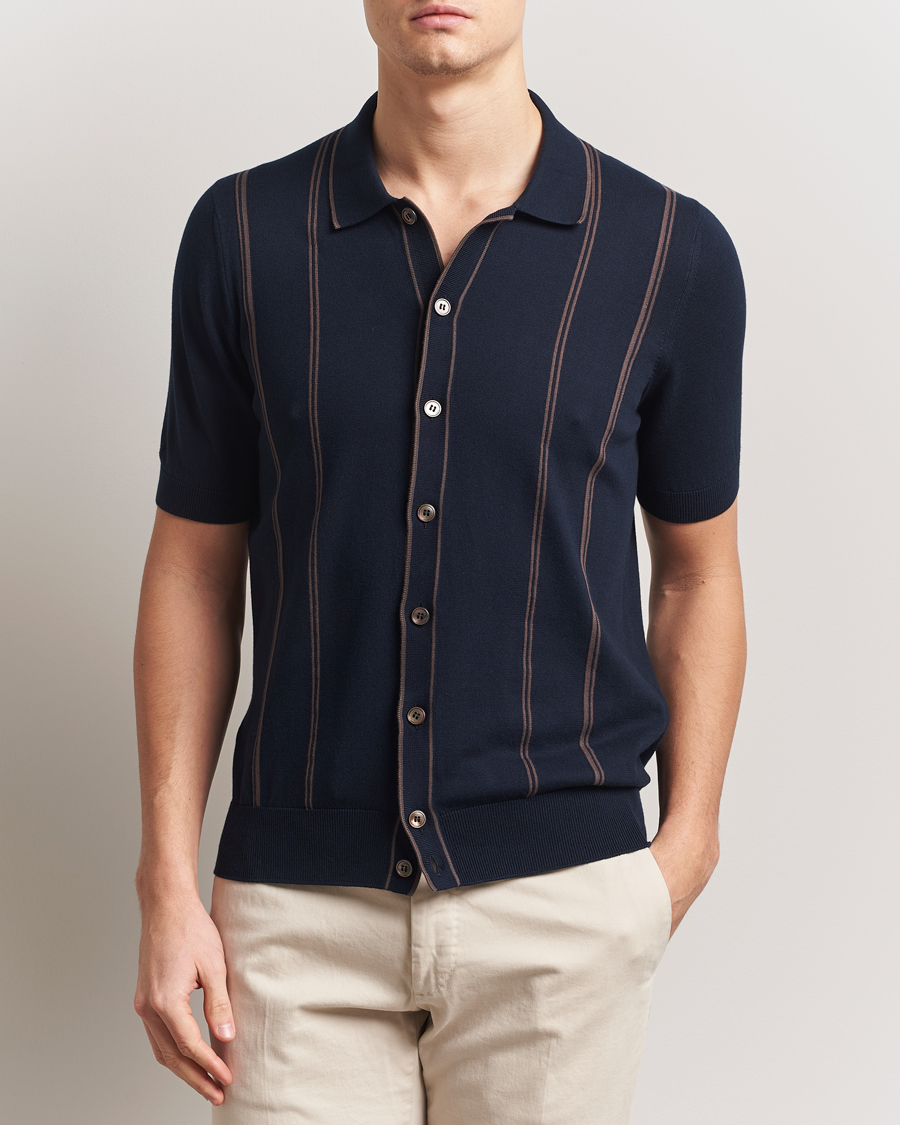 Herren | Hemden | Gran Sasso | Cotton Knitted Striped Short Sleeve Shirt Navy