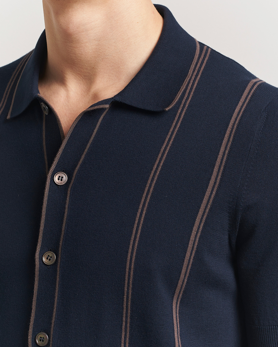 Herren | Hemden | Gran Sasso | Cotton Knitted Striped Short Sleeve Shirt Navy