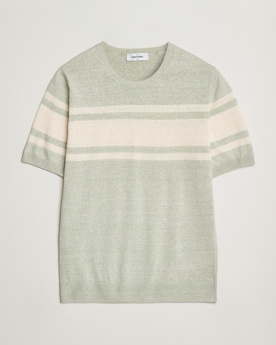 Herren | T-Shirts | Gran Sasso | Linen/Cotton Striped Crew Neck T-Shirt Light Green