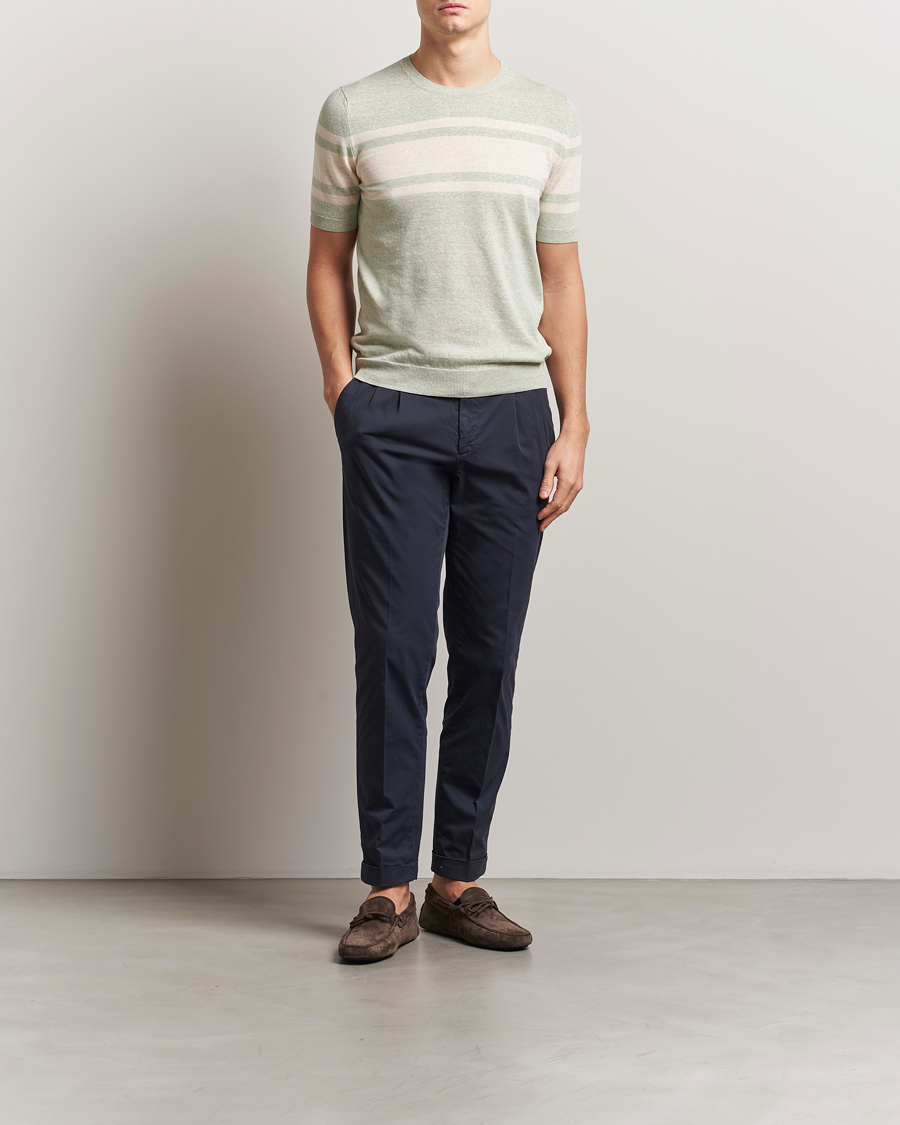Herren | T-Shirts | Gran Sasso | Linen/Cotton Striped Crew Neck T-Shirt Light Green