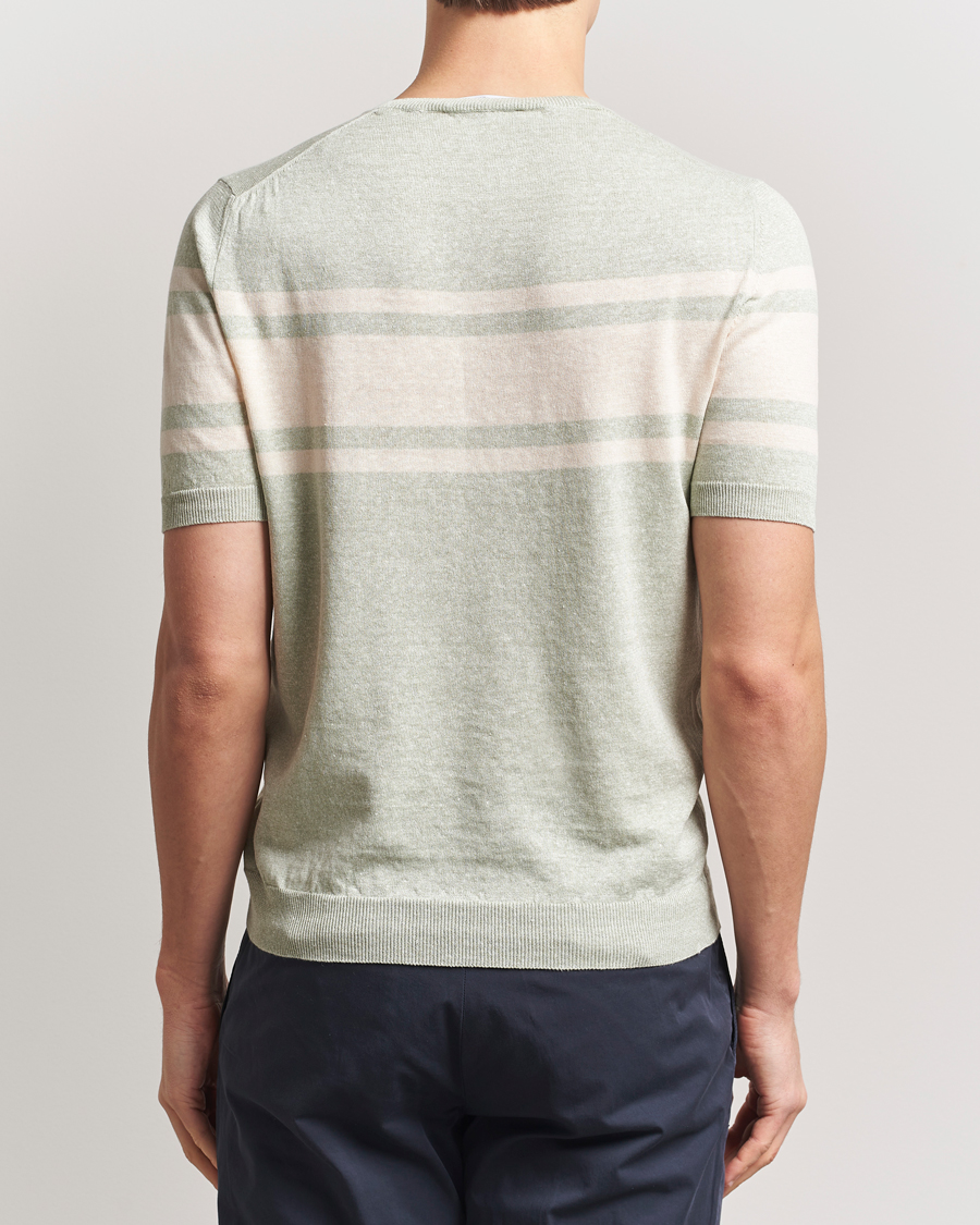 Herren | T-Shirts | Gran Sasso | Linen/Cotton Striped Crew Neck T-Shirt Light Green