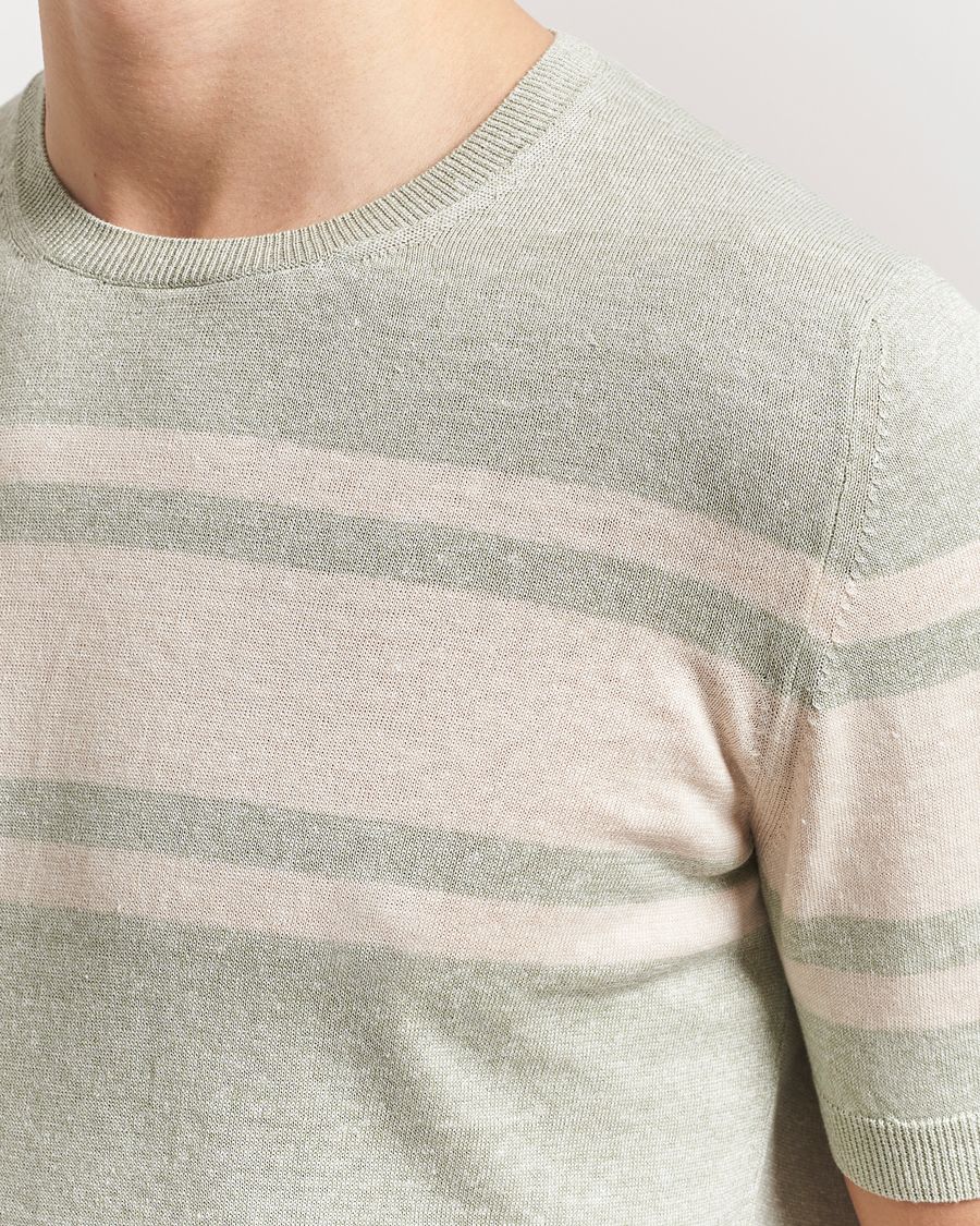 Herren | T-Shirts | Gran Sasso | Linen/Cotton Striped Crew Neck T-Shirt Light Green