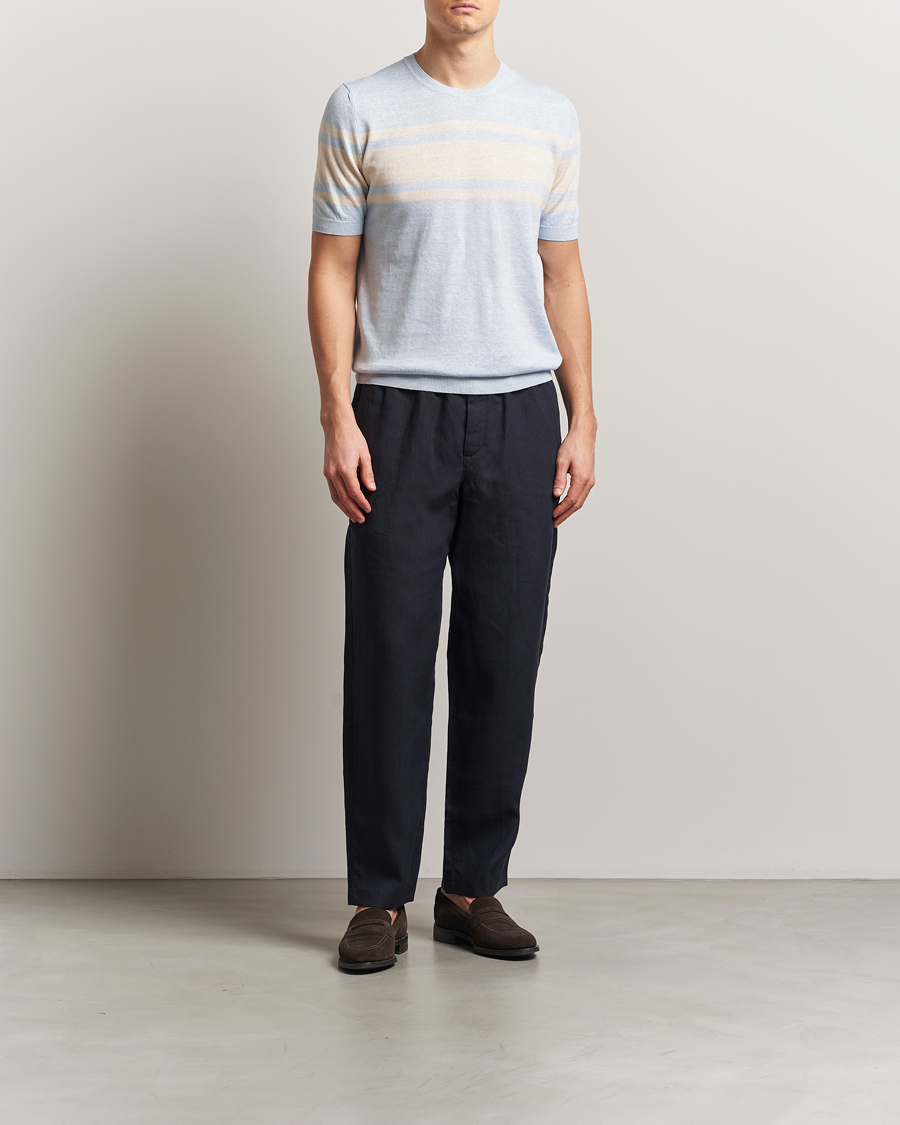 Herren | T-Shirts | Gran Sasso | Linen/Cotton Striped Crew Neck T-Shirt Light Blue