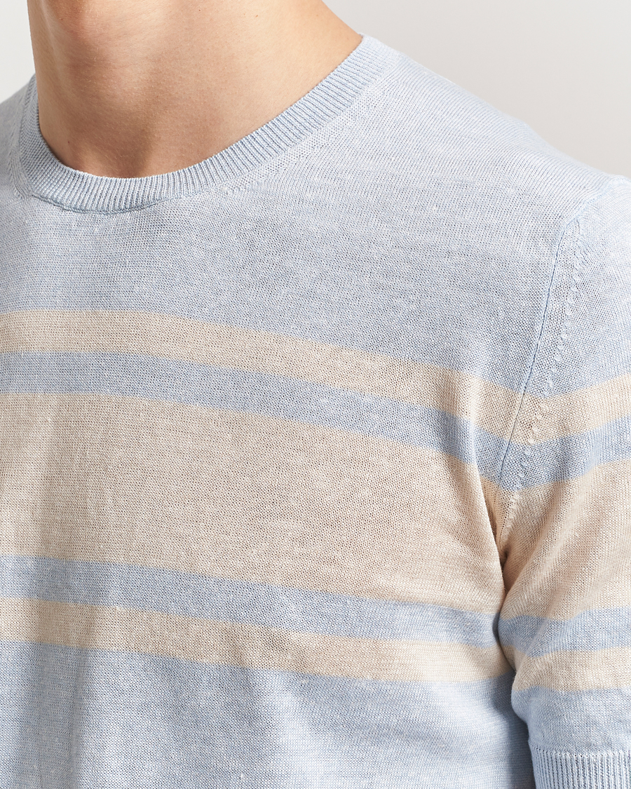 Herren | T-Shirts | Gran Sasso | Linen/Cotton Striped Crew Neck T-Shirt Light Blue