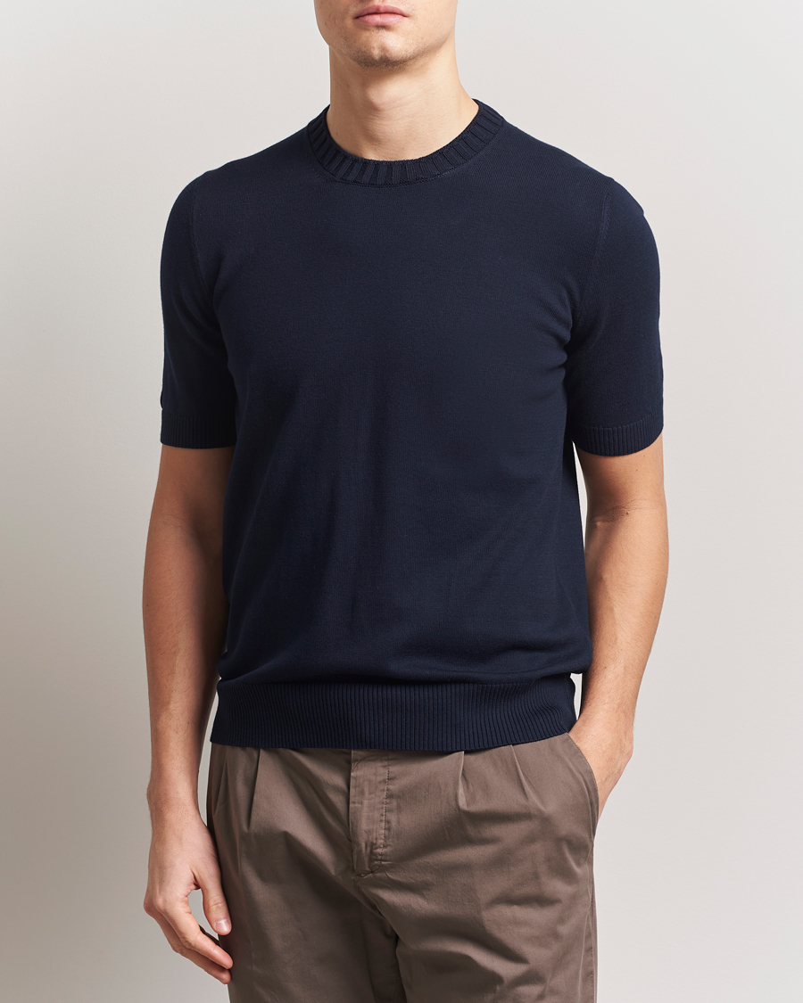 Herren | T-Shirts | Gran Sasso | Cotton Heavy Knitted Crew Neck T-Shirt Navy