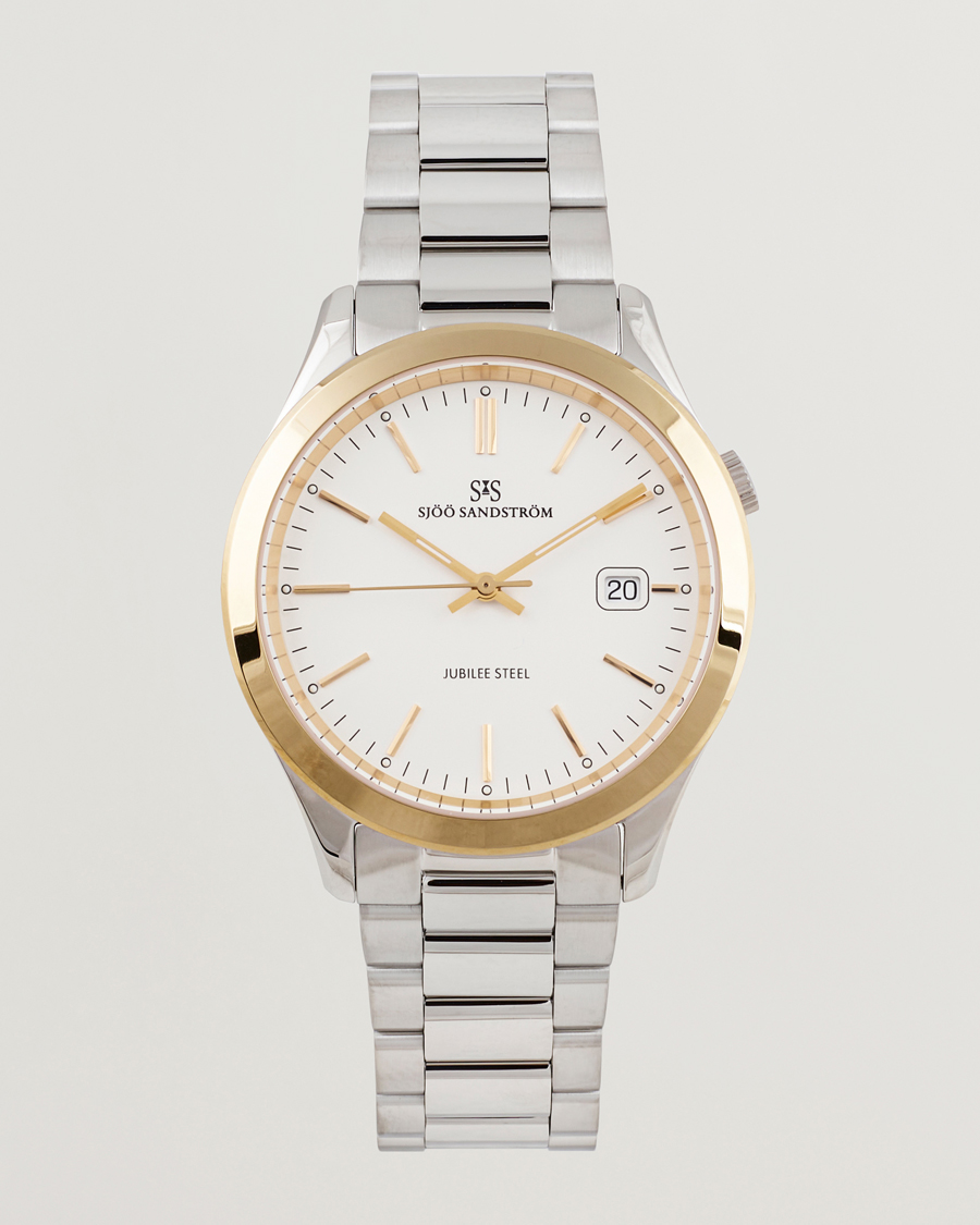 Herren | Sjöö Sandström Jubilee Steel Quartz 40mm Gold Bezel White/Steel | Sjöö Sandström | Jubilee Steel Quartz 40mm Gold Bezel White/Steel