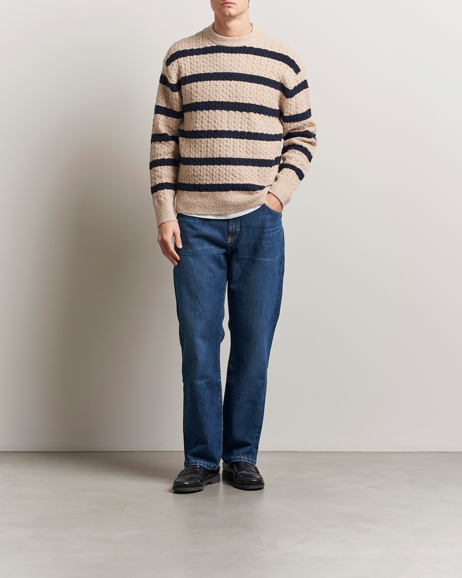 Herren | Pullover | Filippa K | Bouclé Knitted Striped Sweater Light Khaki/Navy