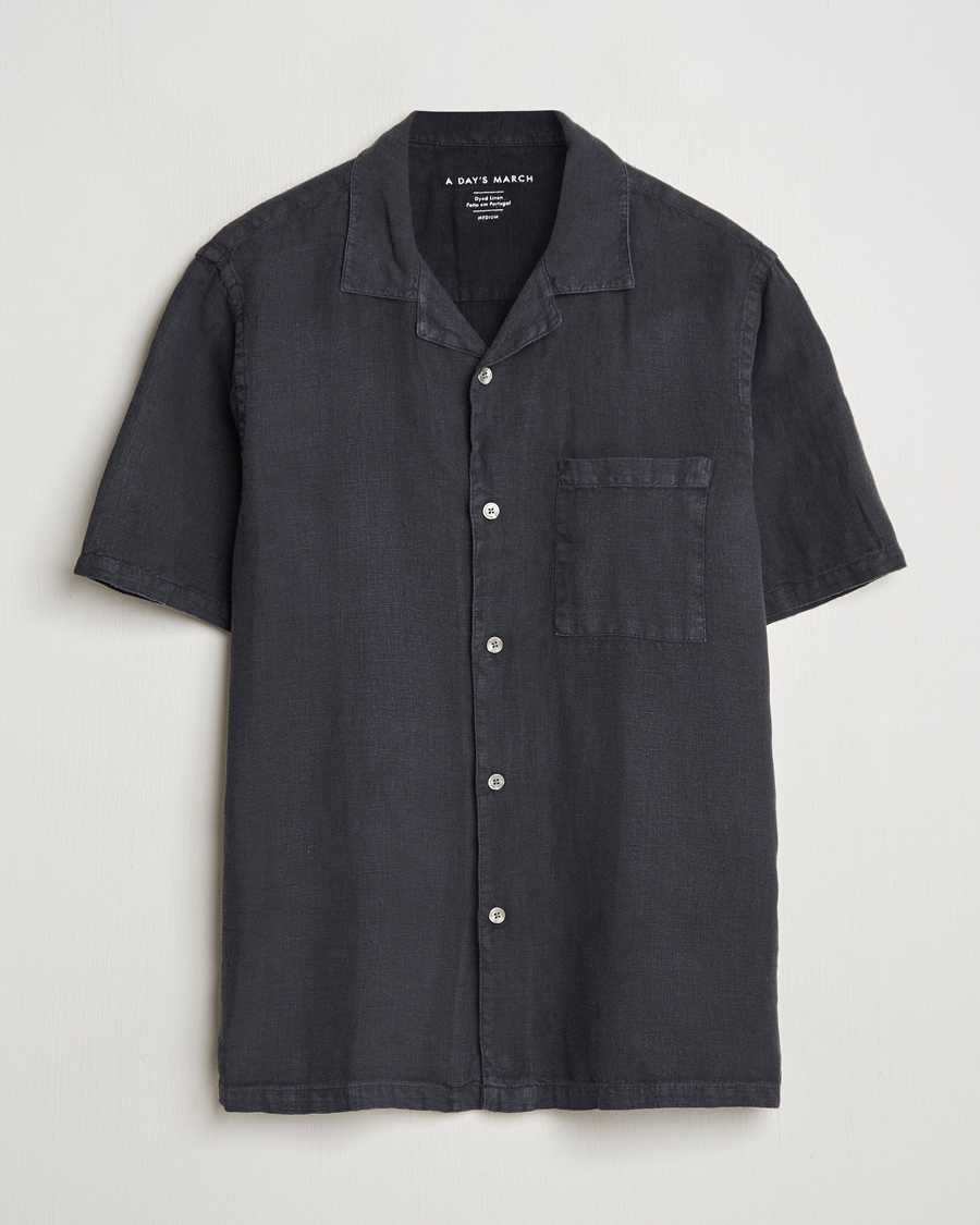 Herren | Hemden | A Day's March | Yamu Linen Short Sleeve Shirt Off Black