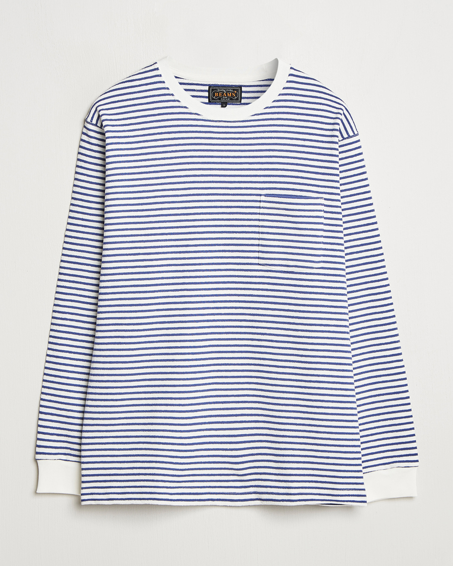 Herren | T-Shirts | BEAMS PLUS | Long Sleeve Striped Pocket T-Shirt White/Blue