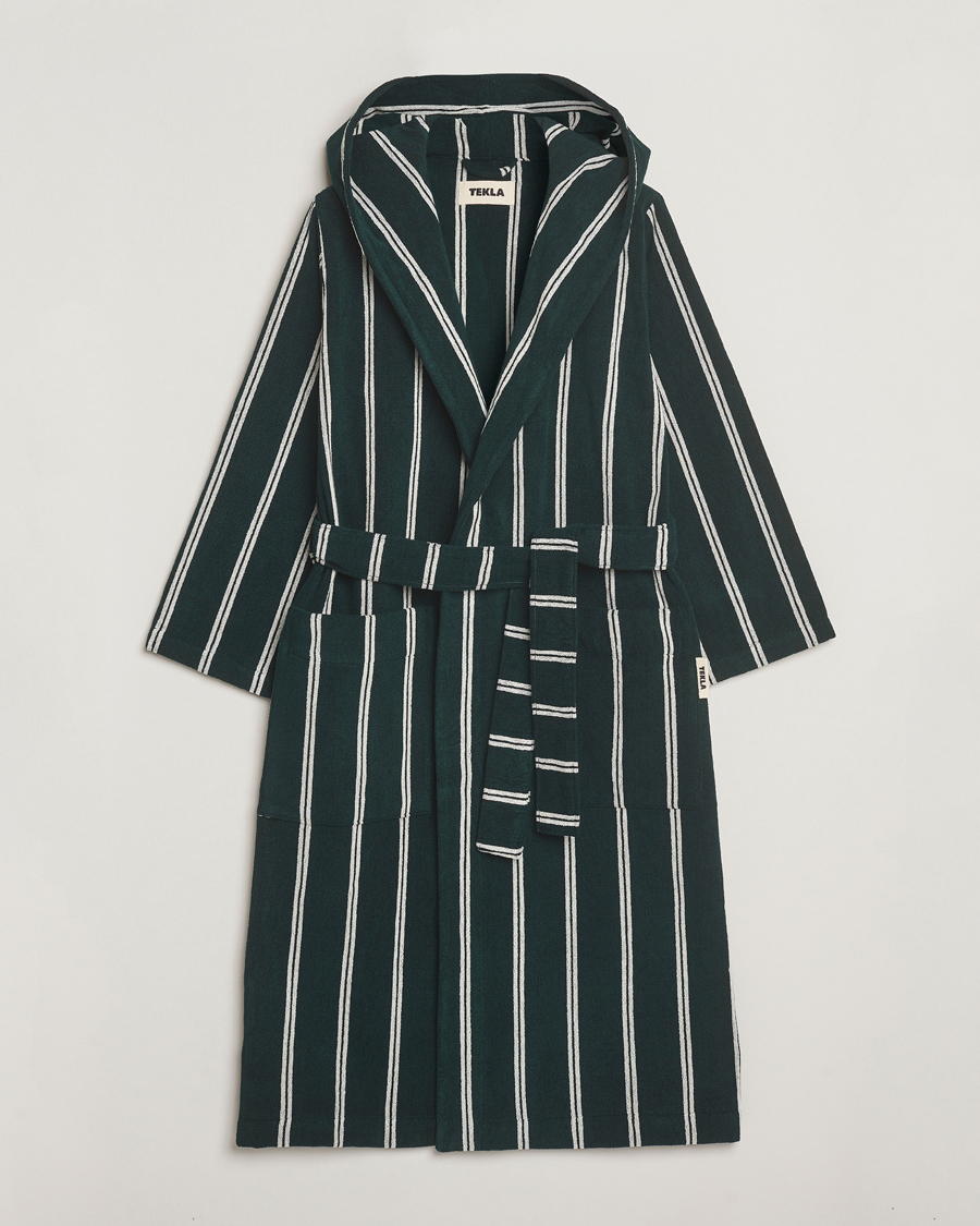 Herren | Schlafanzüge & Bademäntel | Tekla | Organic Terry Hooded Bathrobe Forest Green Stripes