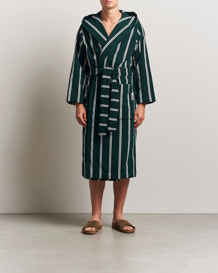 Herren | Schlafanzüge & Bademäntel | Tekla | Organic Terry Hooded Bathrobe Forest Green Stripes