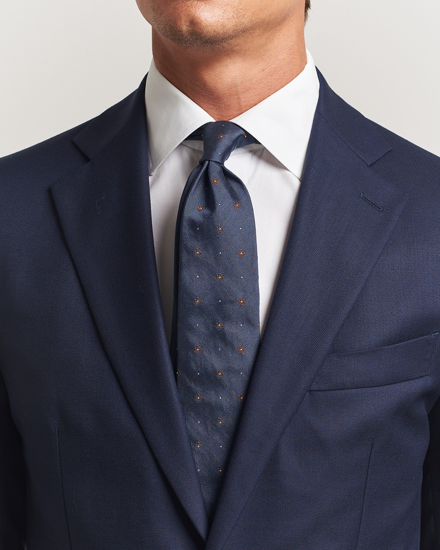 Herren | Krawatten | Amanda Christensen | Cotton/Silk Printed Flower 8cm Tie Navy