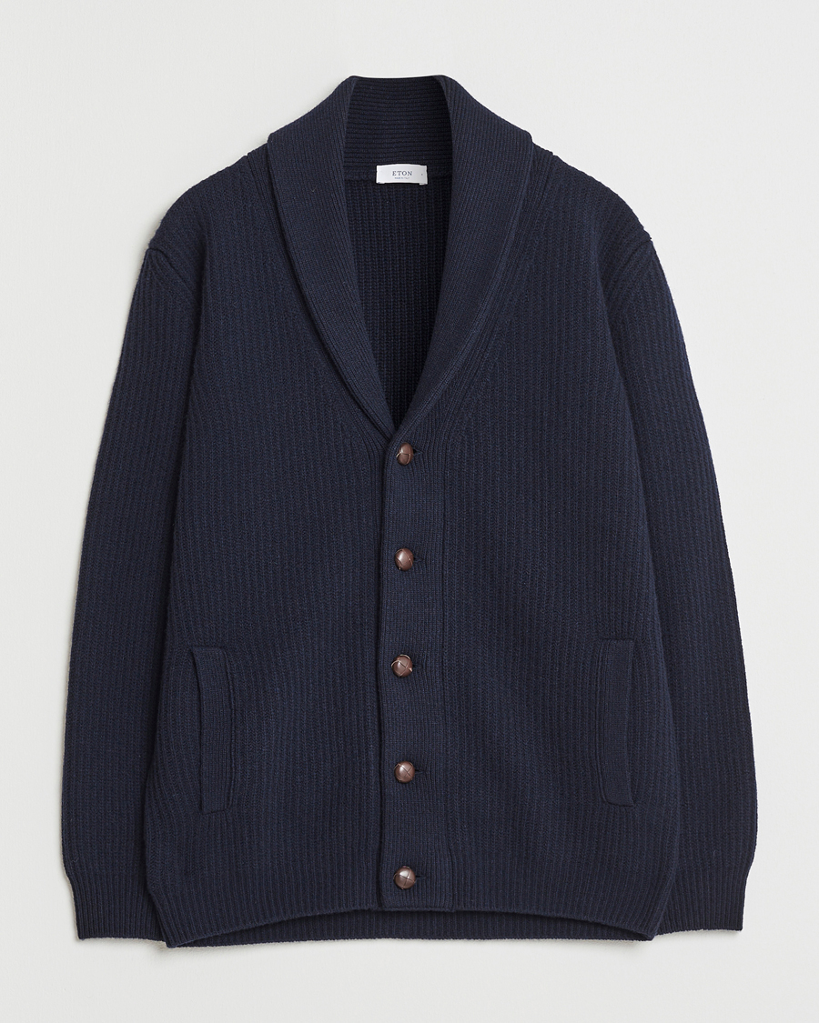 Herren | Pullover | Eton | Wool Knitted Shawl Collar Cardigan Navy