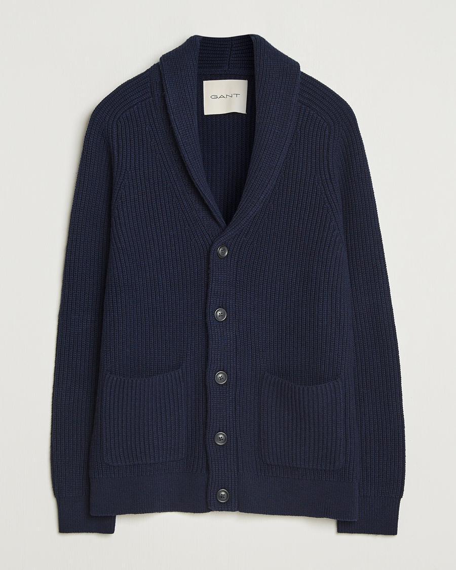 Herren | Pullover | GANT | Wool Knitted Shawl Collar Cardigan Evening Blue