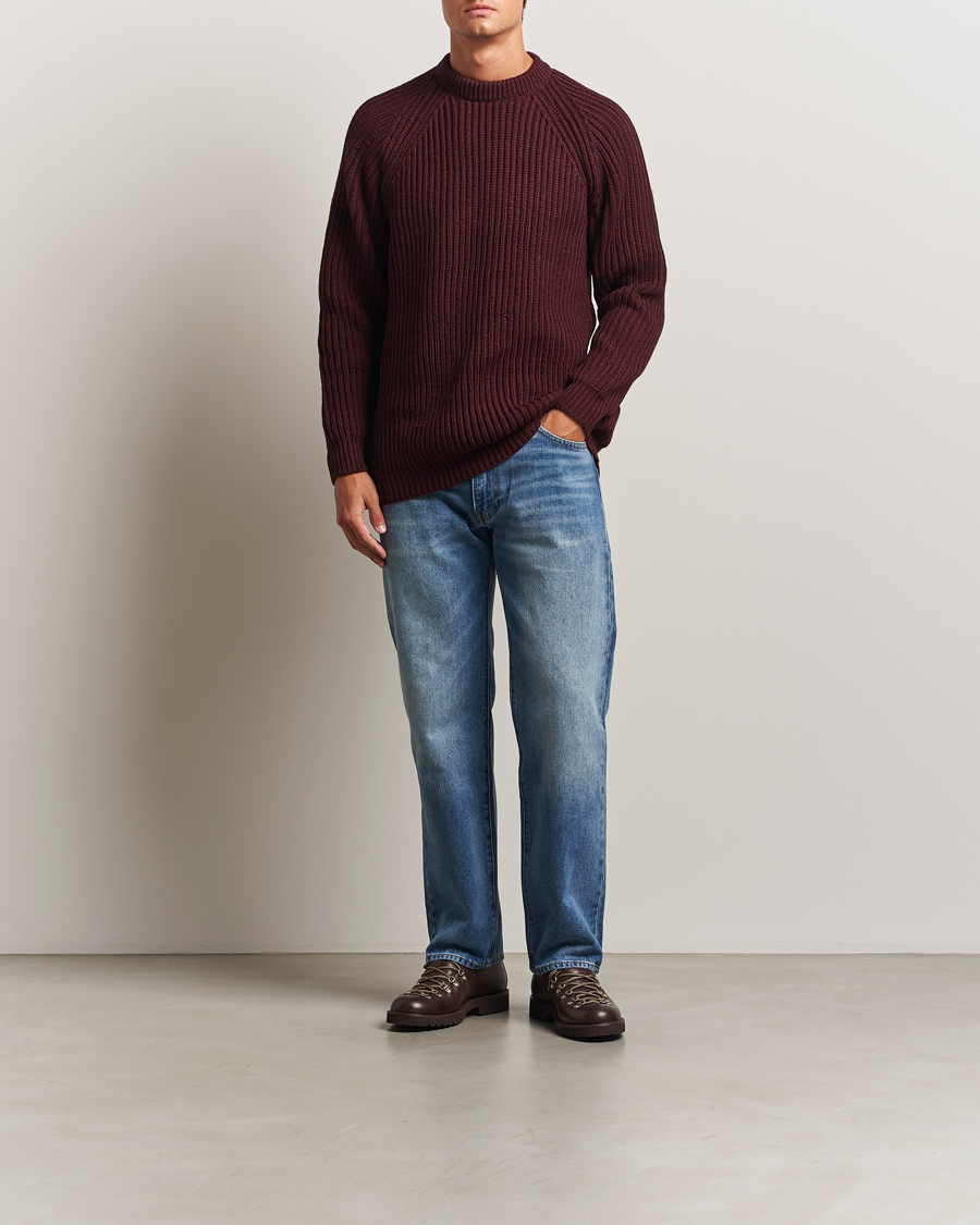 Herren | Pullover | Gloverall | Fisherman Rib Chunky Wool Crew Neck Burgundy