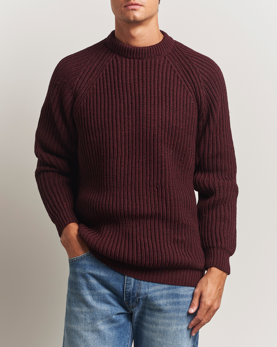 Herren | Pullover | Gloverall | Fisherman Rib Chunky Wool Crew Neck Burgundy