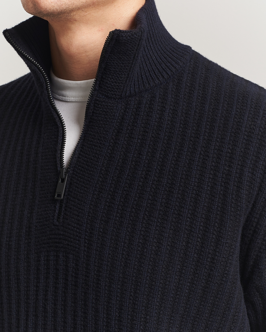 Herren | Pullover | BOSS ORANGE | Kwinter Ribbed Wool Knitted Half Zip Dark Blue