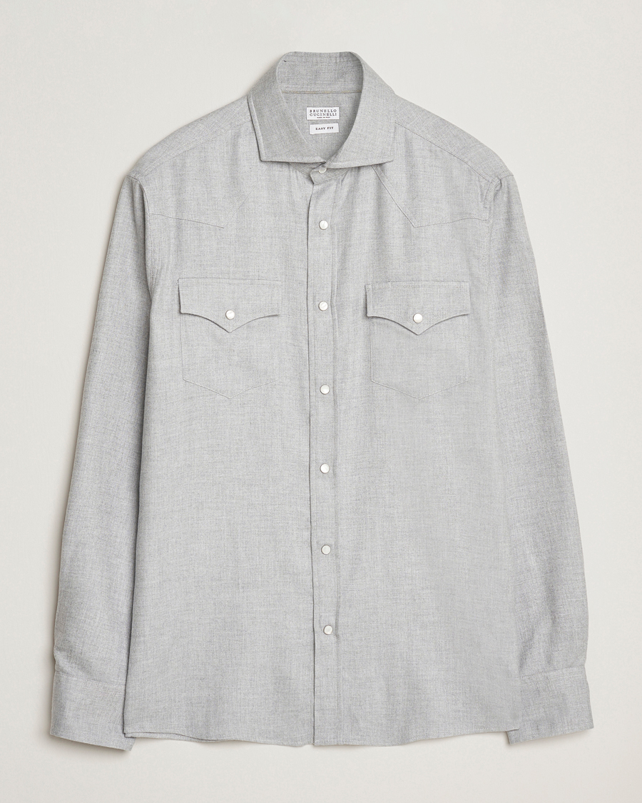 Herren | Hemden | Brunello Cucinelli | Soft Flannel Western Overshirt Light Grey
