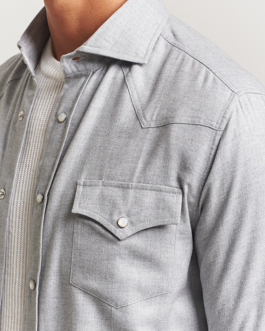 Herren | Hemden | Brunello Cucinelli | Soft Flannel Western Overshirt Light Grey