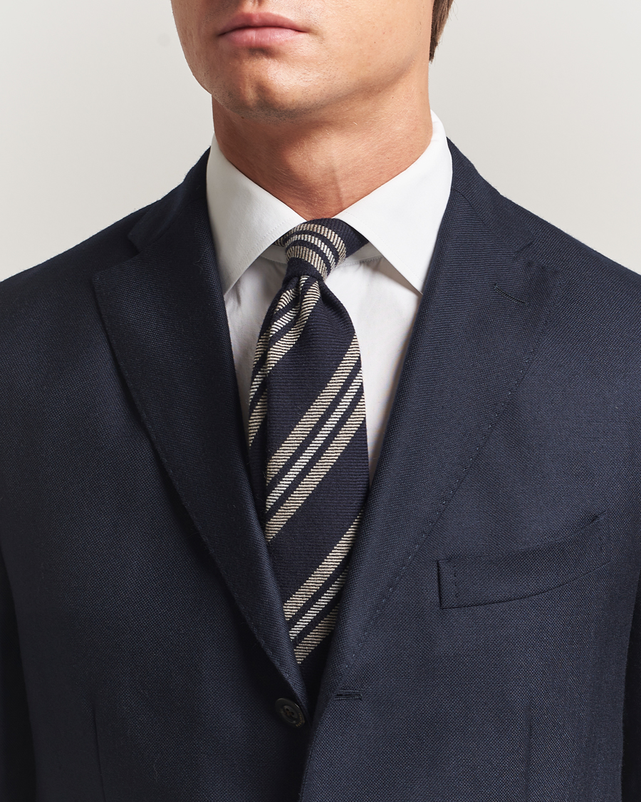 Herren | Finamore Napoli Wool Regimental Stripe Tie Navy/Beige | Finamore Napoli | Wool Regimental Stripe Tie Navy/Beige