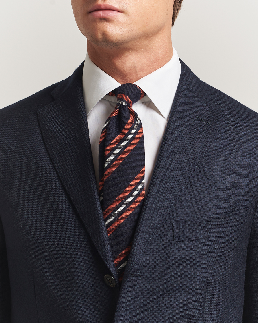 Herren | Finamore Napoli Wool Regimental Stripe Tie Navy/Orange | Finamore Napoli | Wool Regimental Stripe Tie Navy/Orange