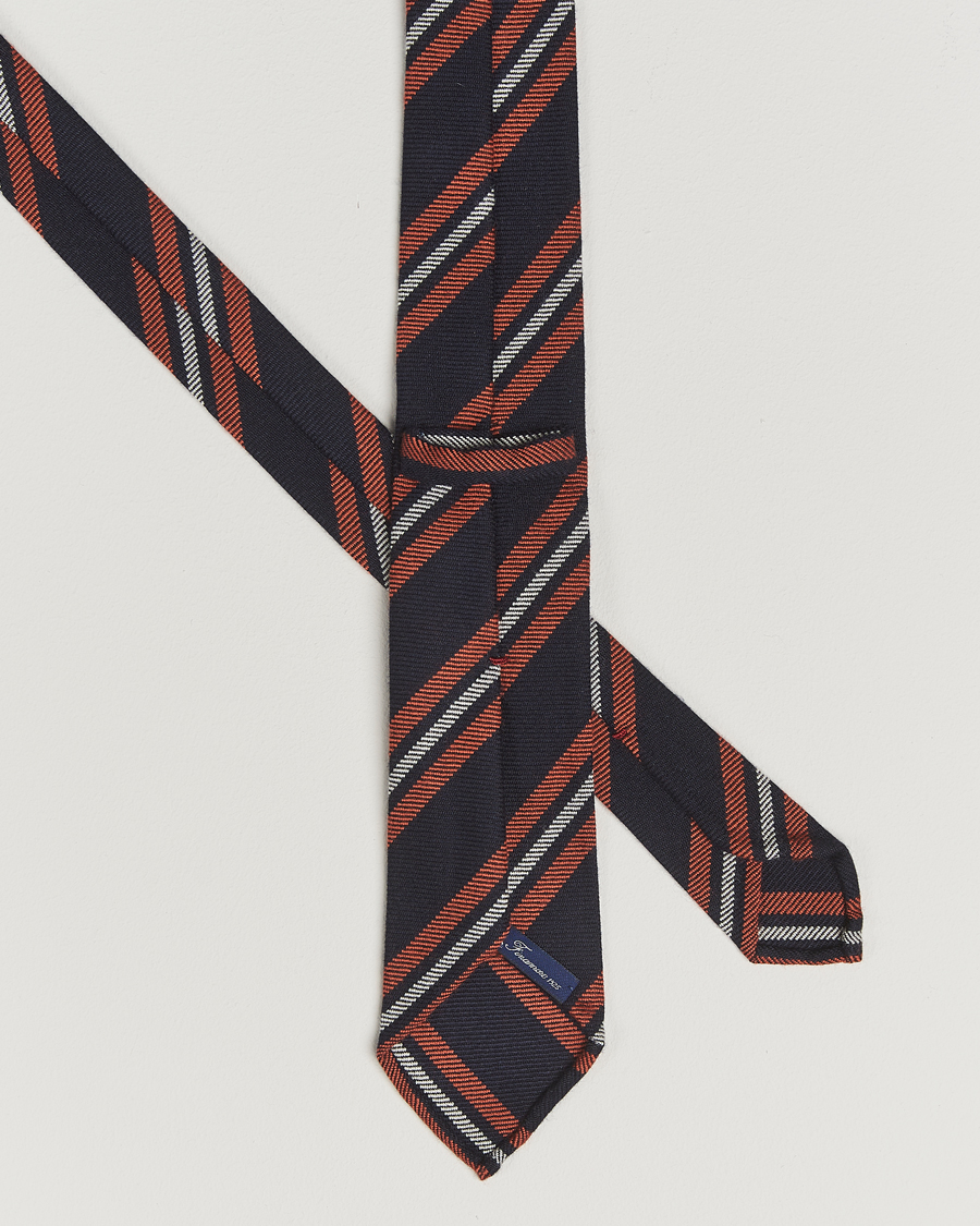 Herren | Finamore Napoli Wool Regimental Stripe Tie Navy/Orange | Finamore Napoli | Wool Regimental Stripe Tie Navy/Orange