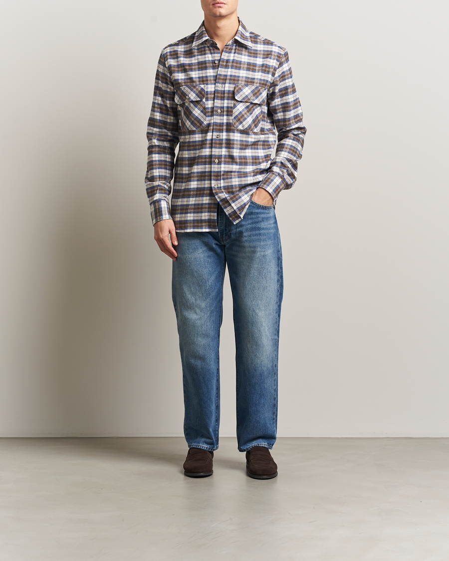 Herren | Hemden | Grigio | Heavy Flannel Overshirt Blue/Beige Check