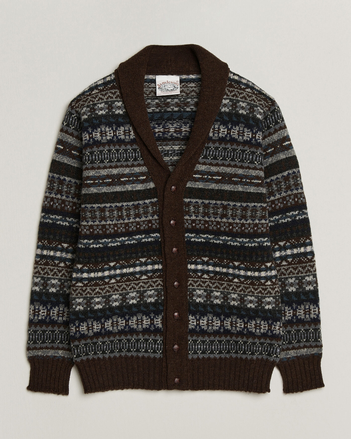Herren | Pullover | Jamieson's of Shetland | Jamiesons Of Shetland All Over Fair Isle Shawl Collar Cardigan Brown