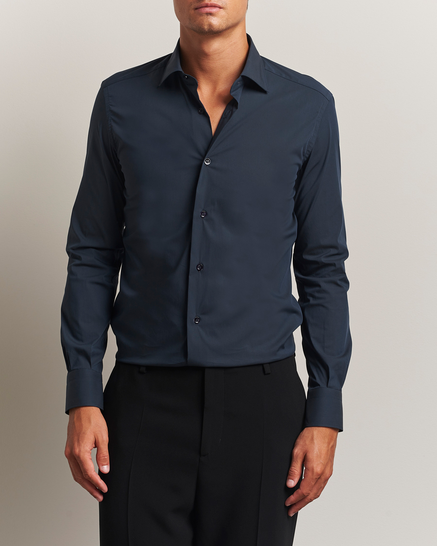 Herren | Hemden | Mazzarelli | Soft Cotton/Stretch Cut Away Shirt Navy