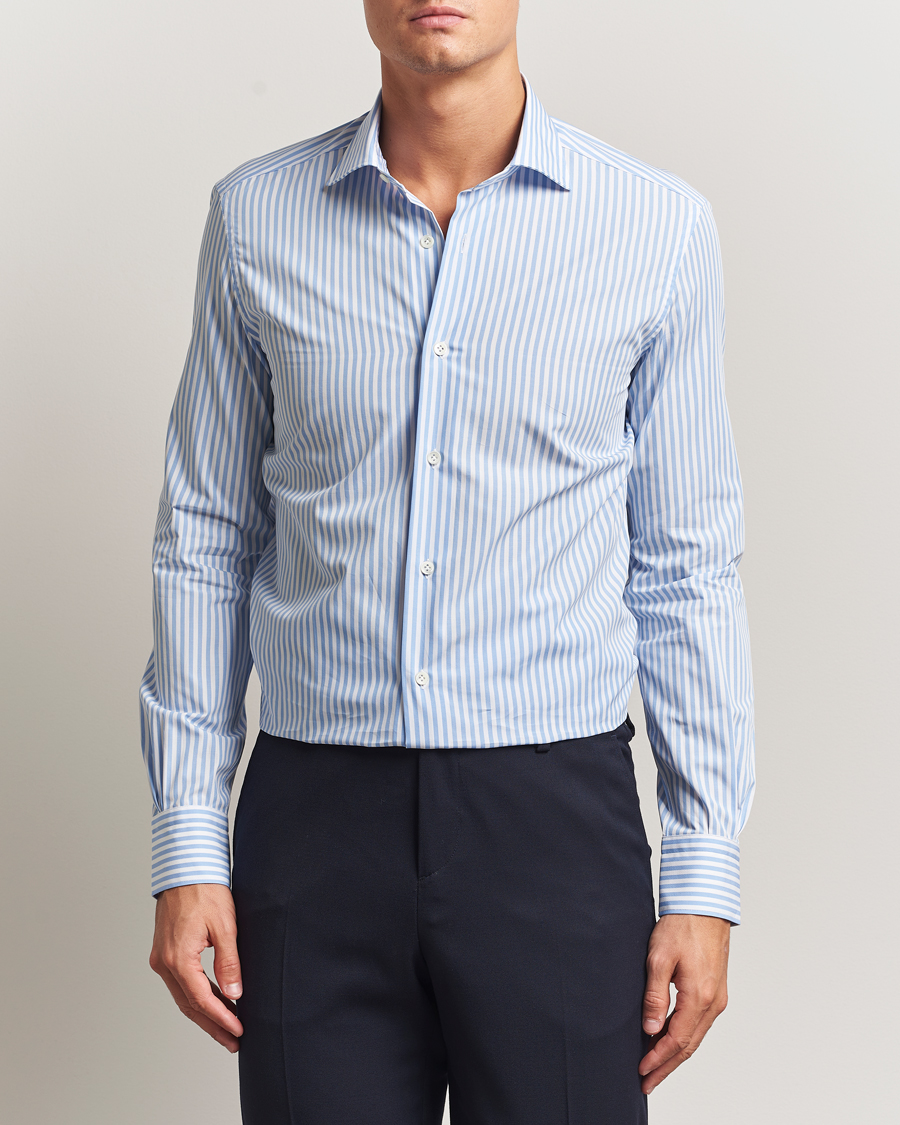 Herren | Hemden | Mazzarelli | Soft Cotton/Stretch Cut Away Shirt Light Blue Stripe