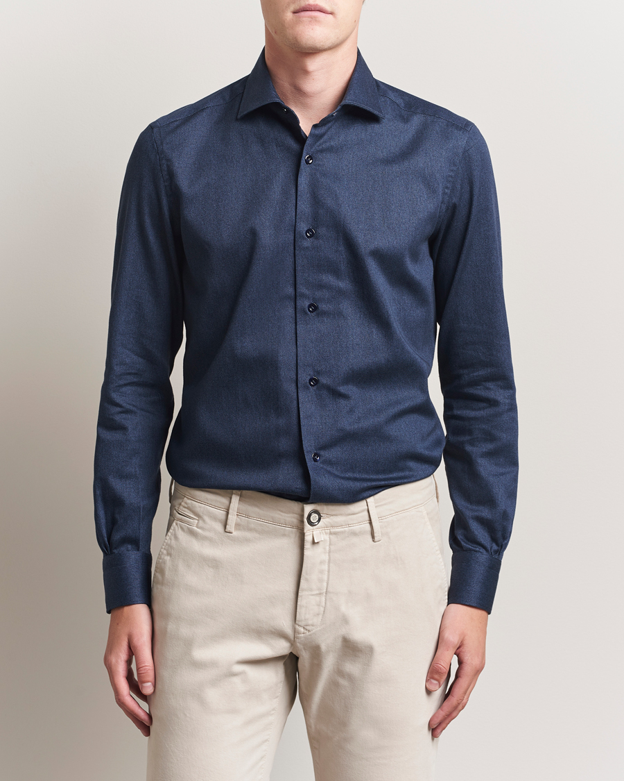Herren | Hemden | Mazzarelli | Soft Flannel Cut Away Shirt Navy