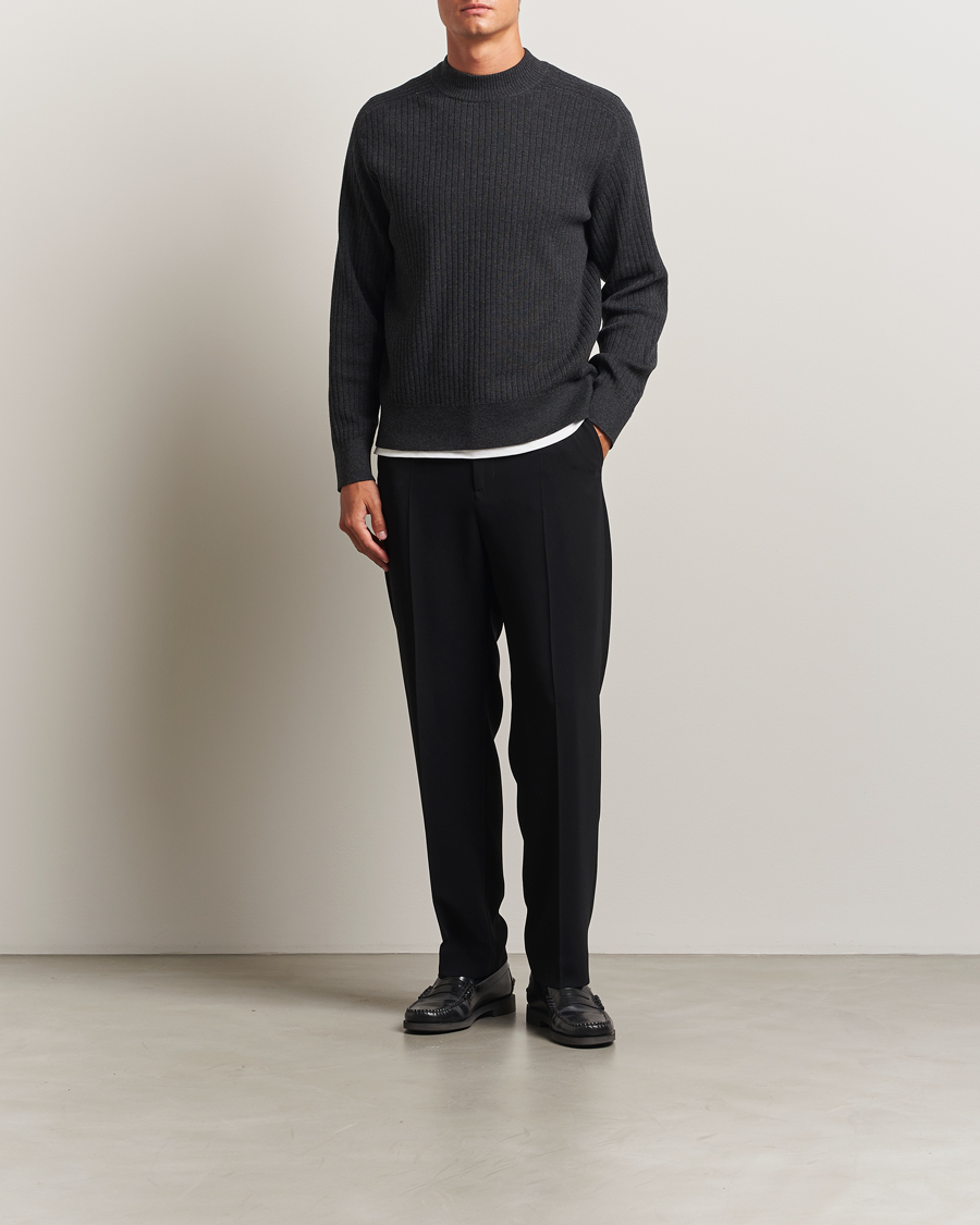 Herren | Pullover | Filippa K | Cotton Merino Knitted Mock Neck Sweater Anthracite Melange