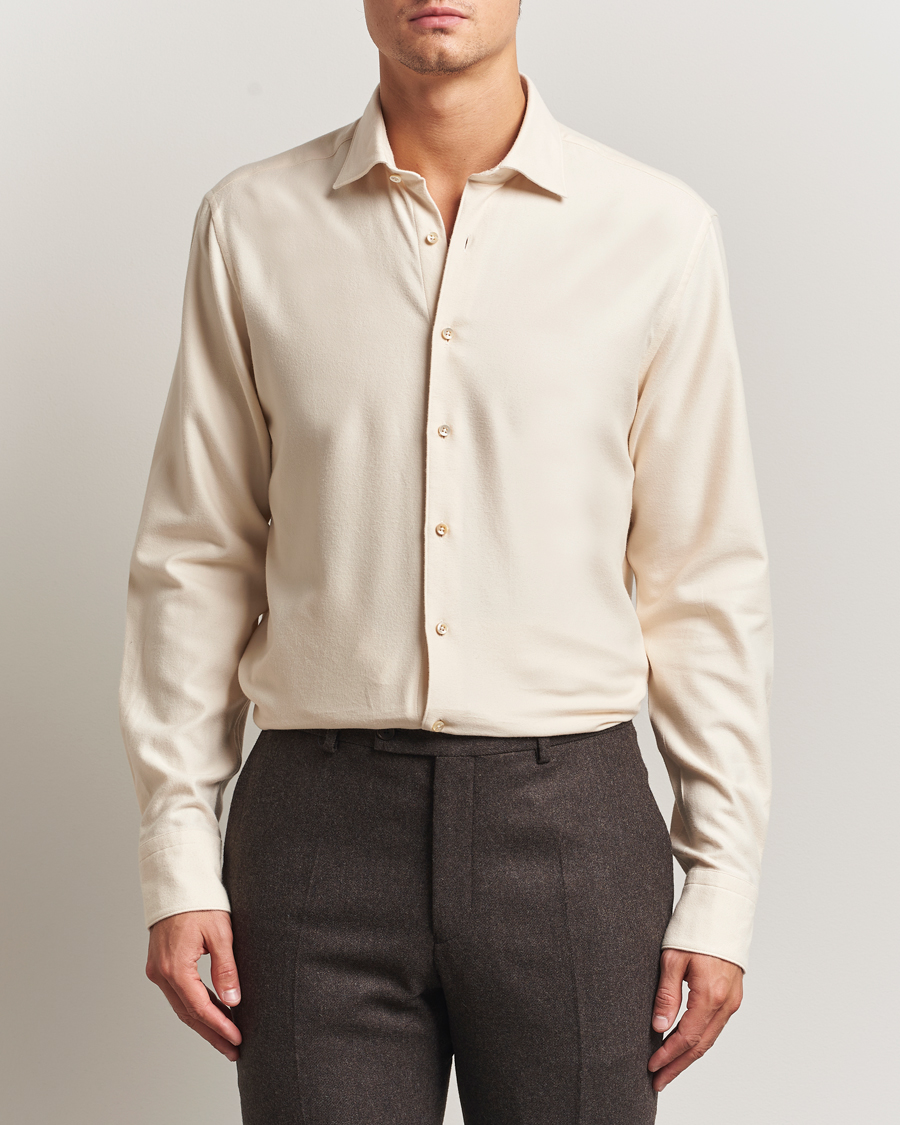 Herren | Hemden | Stenströms | Regular Fit Cut Away Flannel Shirt Light Beige
