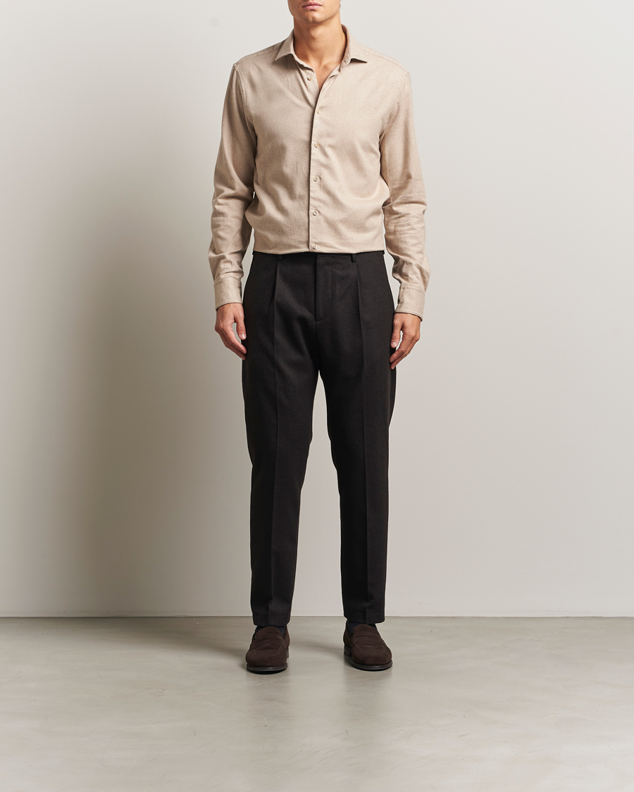 Herren | Hemden | Stenströms | Regular Fit Cut Away Flannel Shirt Beige