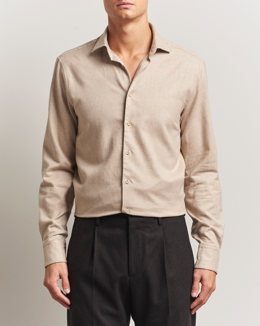 Herren | Hemden | Stenströms | Regular Fit Cut Away Flannel Shirt Beige