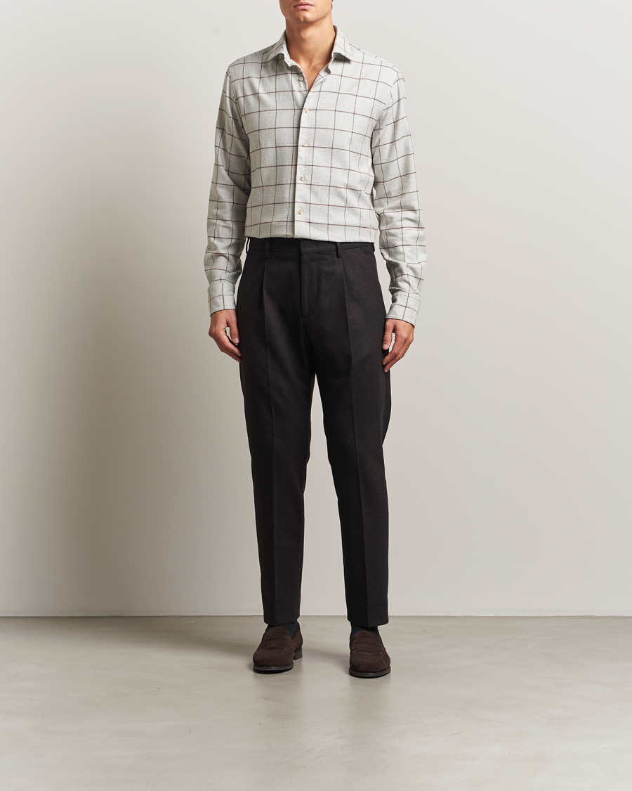 Herren | Hemden | Stenströms | Regular Fit Overcheck Flannel Shirt Light Grey