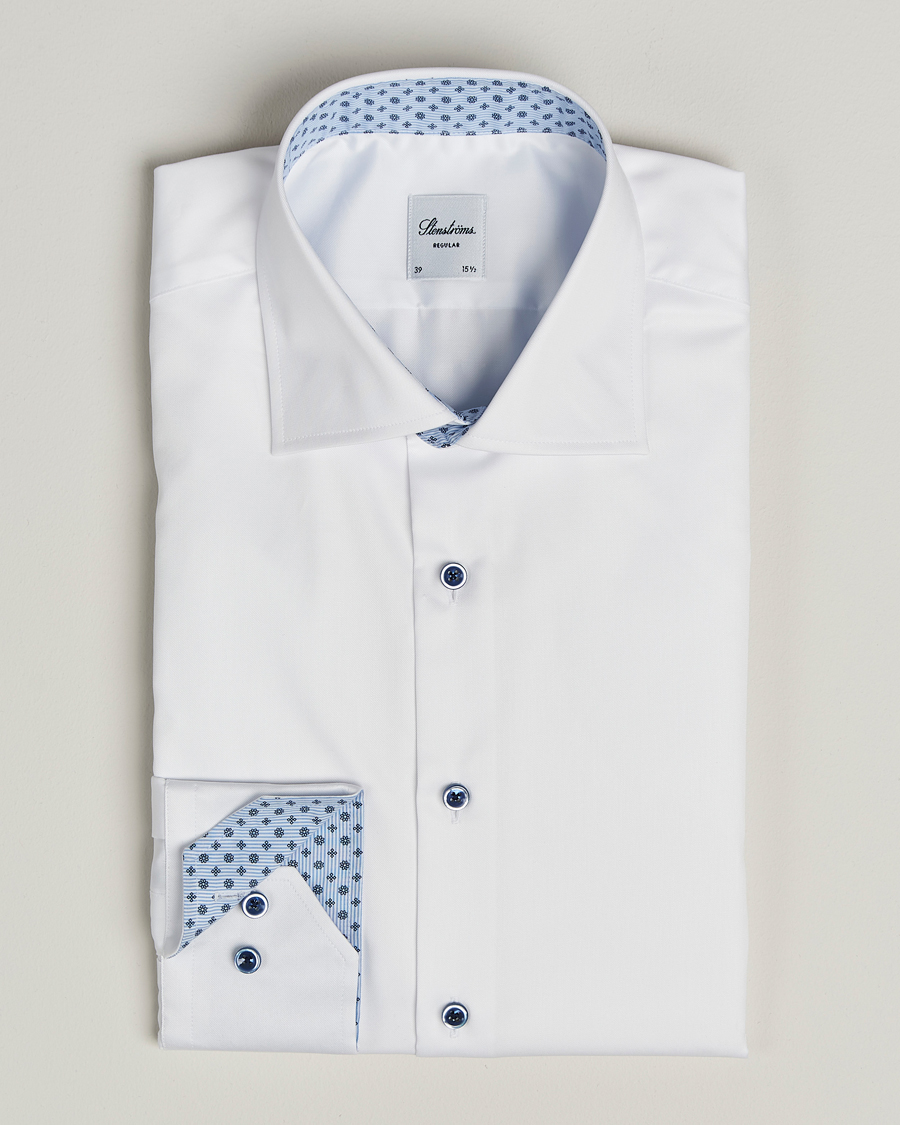 Herren | Hemden | Stenströms | Regular Fit Cotton Twill Contrast Shirt White