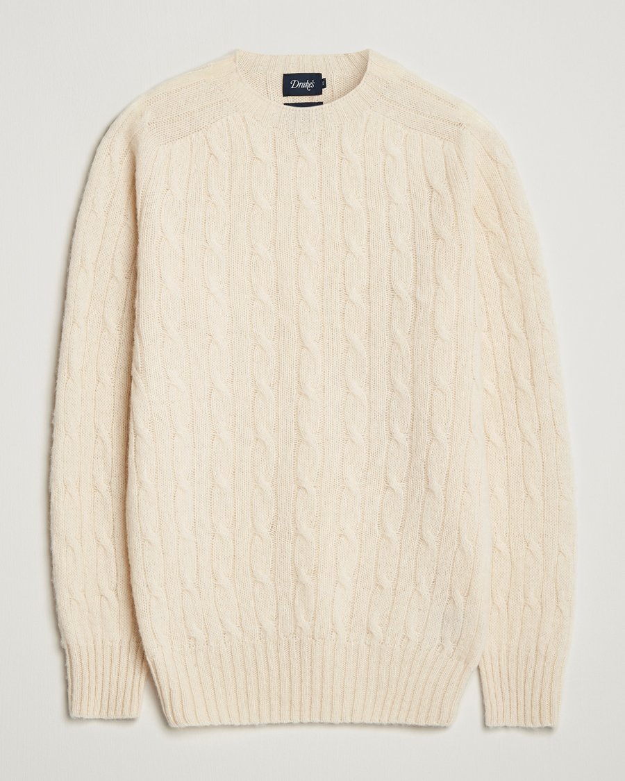 Herren | Pullover | Drake's | Brushed Shetland Cable Crew Ecru