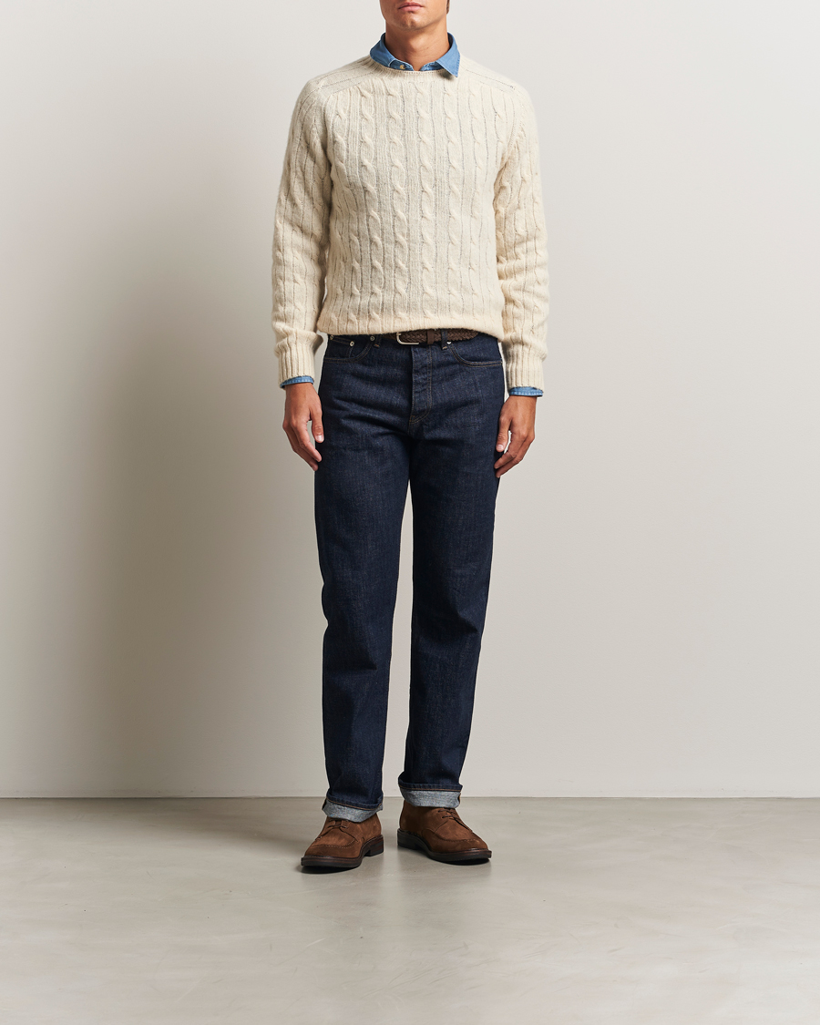Herren | Pullover | Drake's | Brushed Shetland Cable Crew Ecru